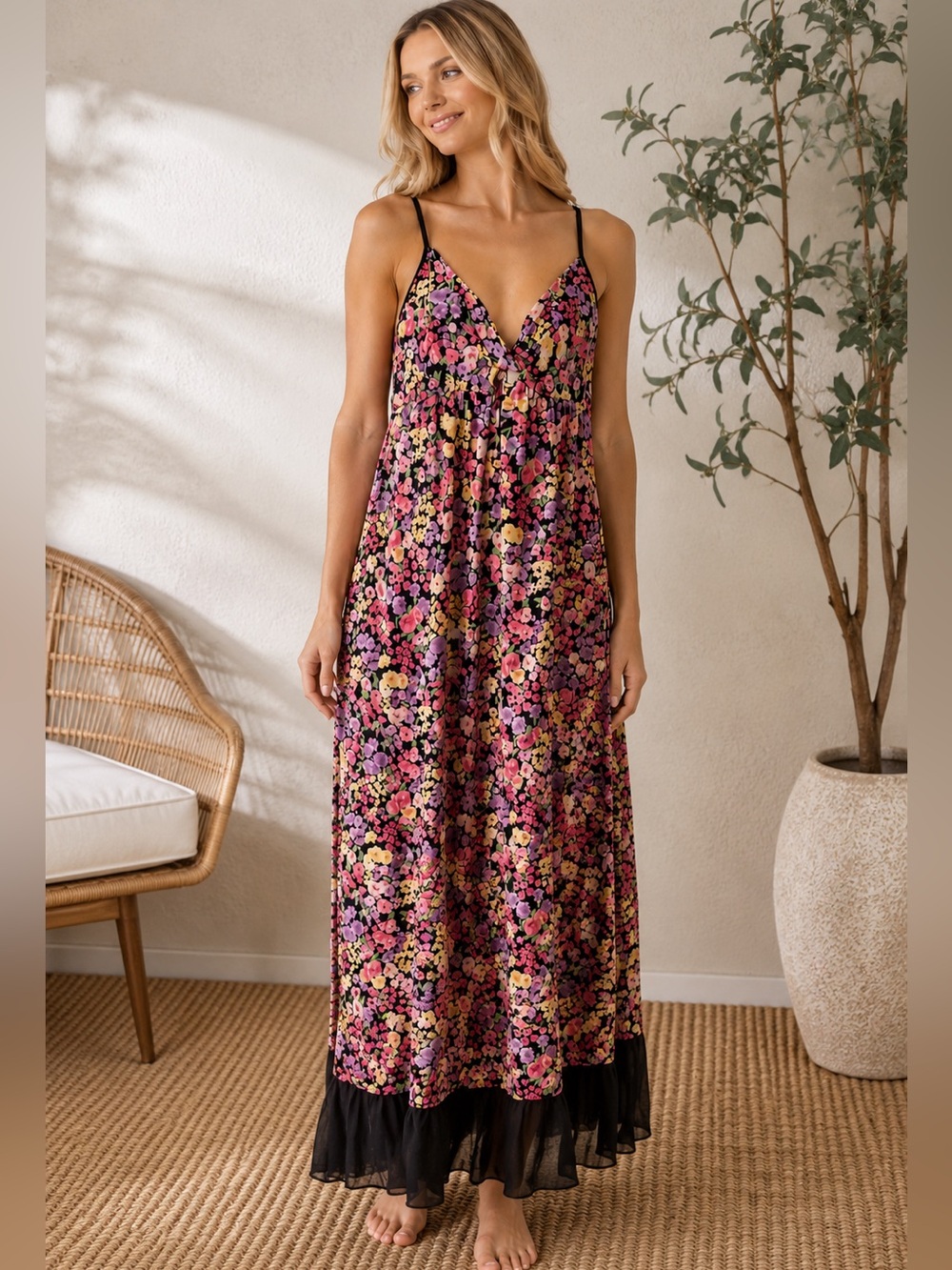 Bisou Bisou Floral Slip Dress Mesh Hem Y2K Maxi Dress Size M